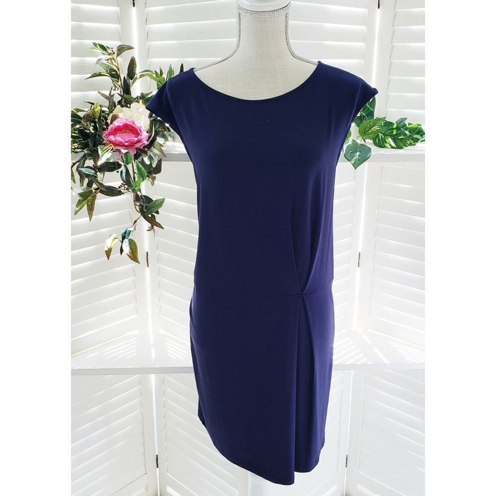 EILEEN FISHER NAVY SLEEVELESS PIN TUCK DRESS SMP